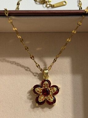 Elegant Golden Red Zirconia Flower Stainless Steel Stamped Necklace Chain
